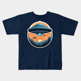 Blue flying saucer on sunset landscape with trees Kids T-Shirt